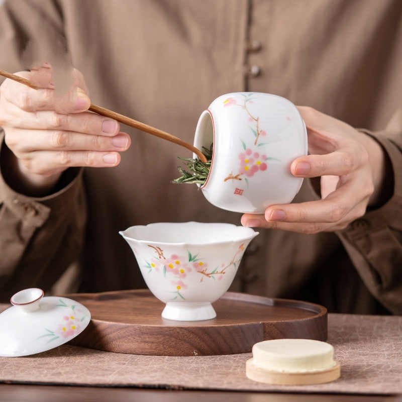 Hand - Painted Peach Blossom Ceramic Tea Jar - Pumi J Wellness Co