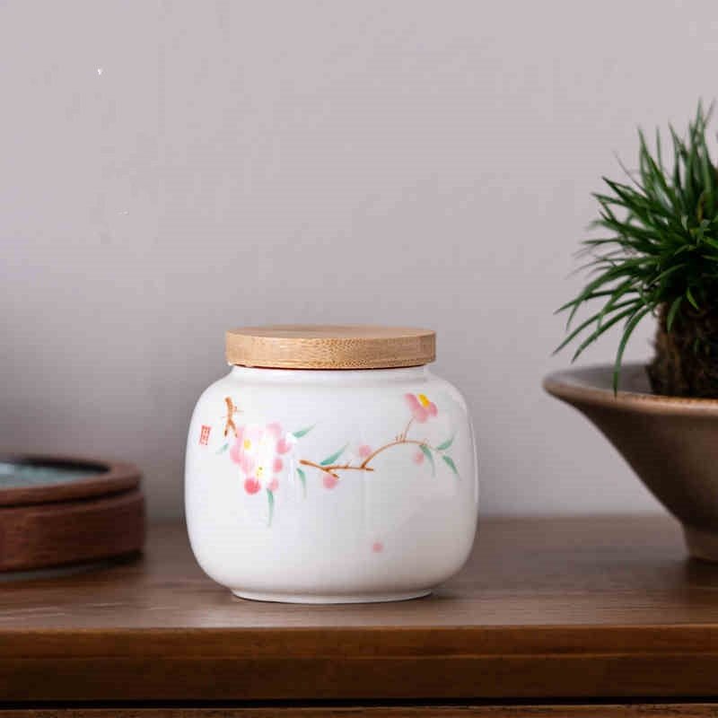 Hand - Painted Peach Blossom Ceramic Tea Jar - Pumi J Wellness Co